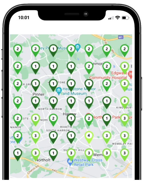 Geo grid proximity results shown on a map