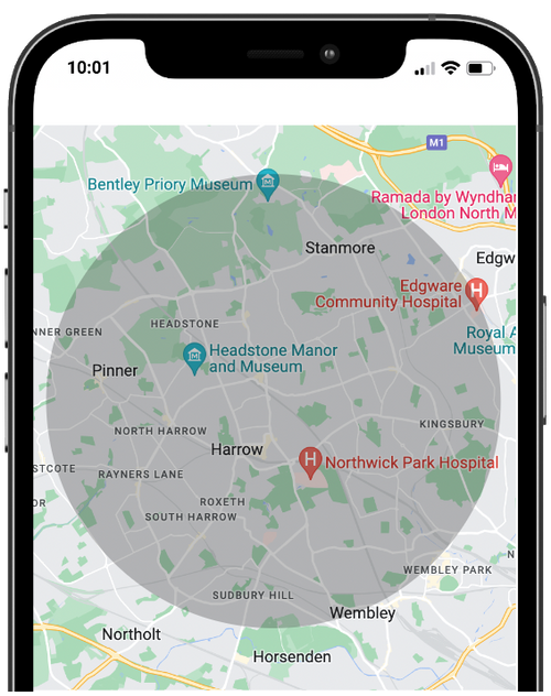 Porximity radius of an location shown on a map