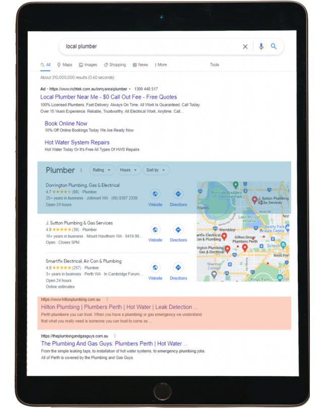 Tablet showing google results for the search of local plumber